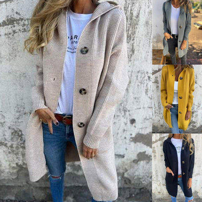 Knappad cardigan med huva för kvinnor