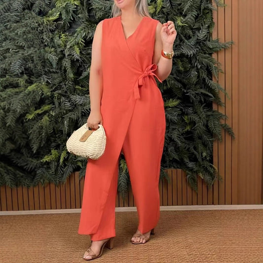 Jumpsuit i enfärgad casual V-hals med knytband för kvinnor