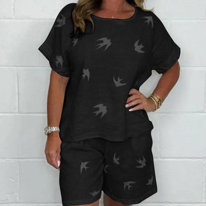 🔥2025 Ny 50% rabatt Hot Sale🔥Avslappnad Tryckt Bomulls-linne Set med Kortärmad Topp och Shorts