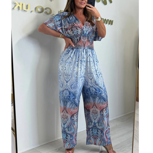 Bohemisk jumpsuit med vida ben och tryck