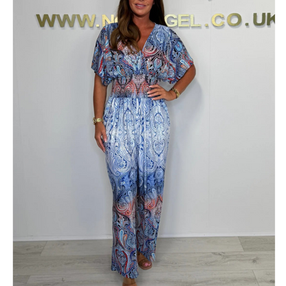 Bohemisk jumpsuit med vida ben och tryck