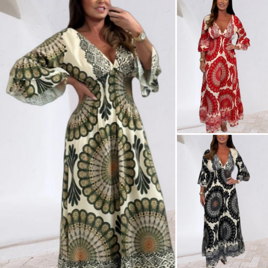 🔥Kvinnor retro boho maxiklänning med djup V-ringning🔥