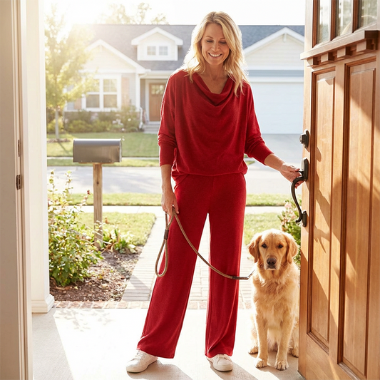 Damens Långärmad Top med Drapéhal & Byxor – 2-Delat Set